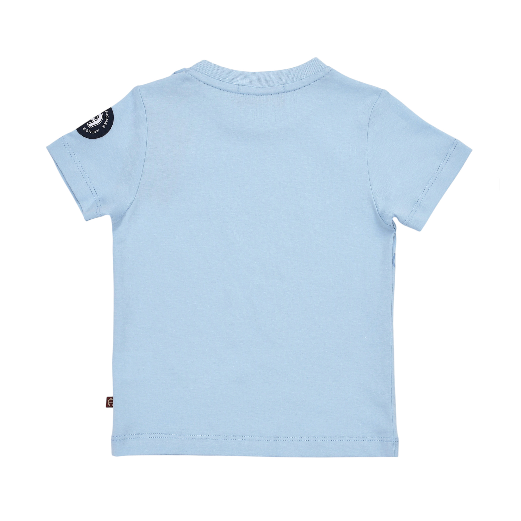 Light blue short-sleeve t-shirt with a ribbed crew neck. A dark blue circular patch with white "AIGNER" text is on the left s