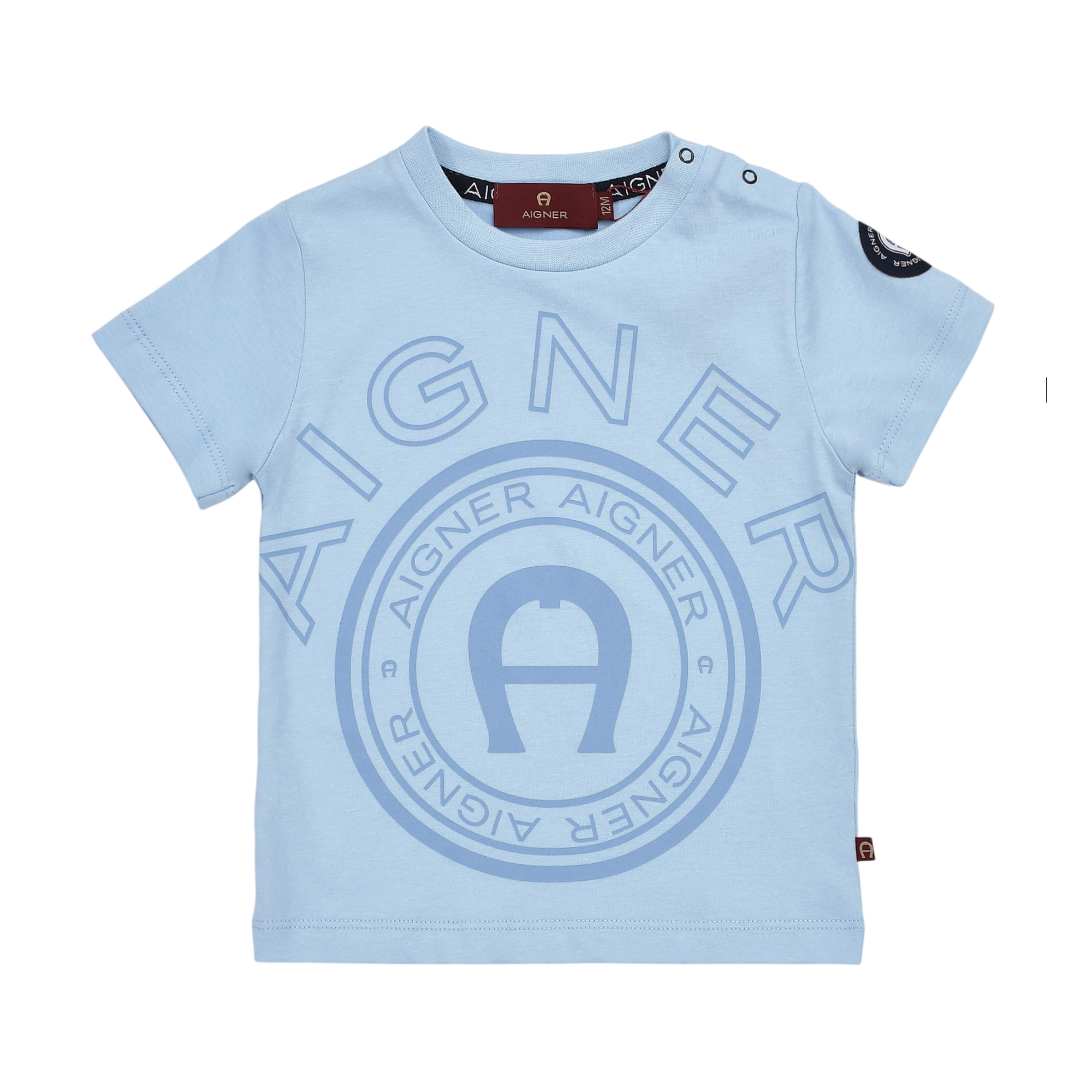 Light blue short-sleeved baby t-shirt with a large, darker blue Aigner logo print on the front and snap buttons on the should