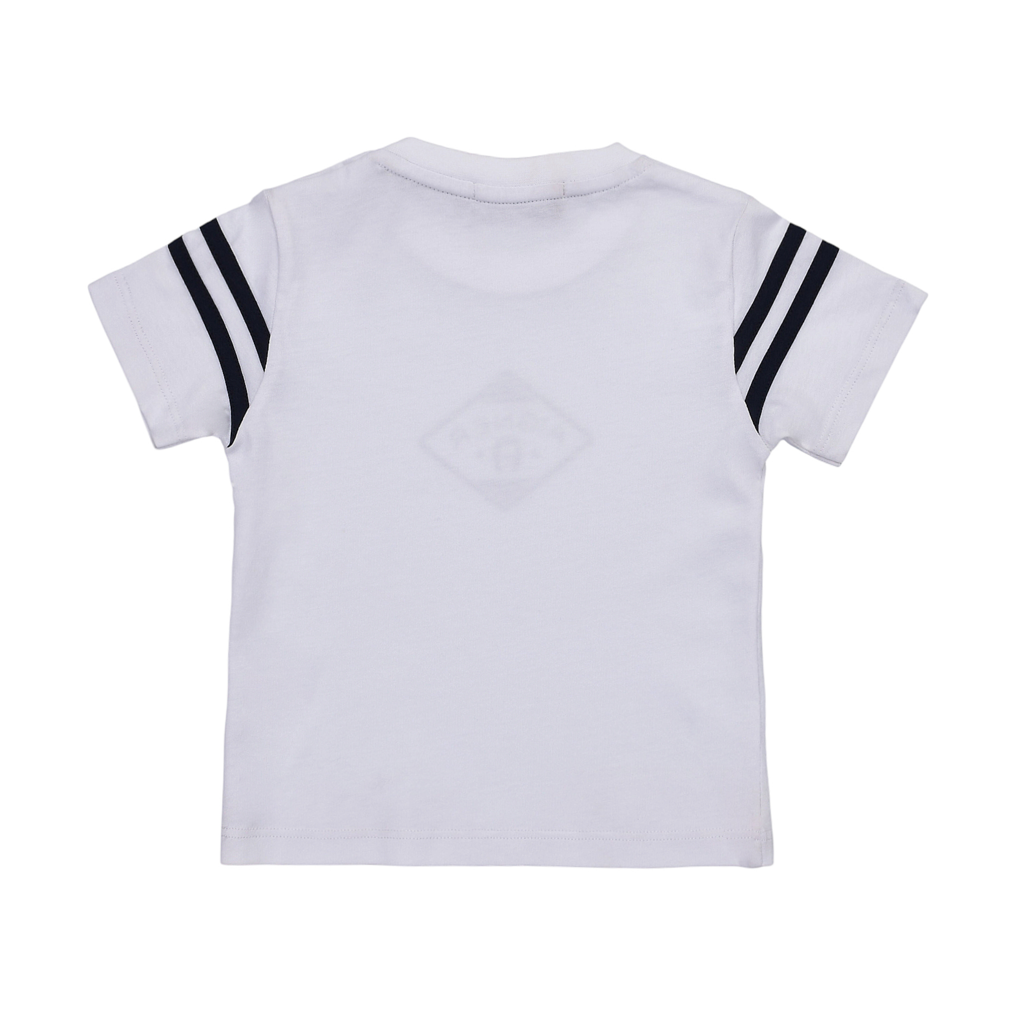 White short-sleeve t-shirt with a crew neck. Features two parallel black stripes on each sleeve and a faint diamond logo on t