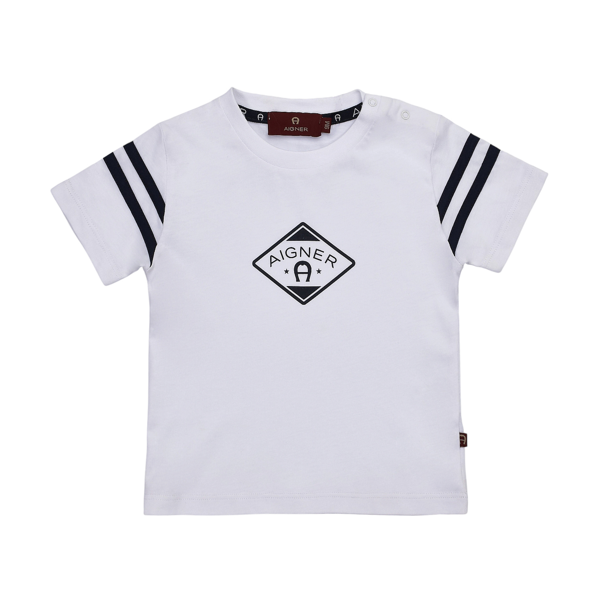 White Aigner Kids short sleeve t-shirt with navy blue stripes on sleeves and a black diamond logo on the chest.