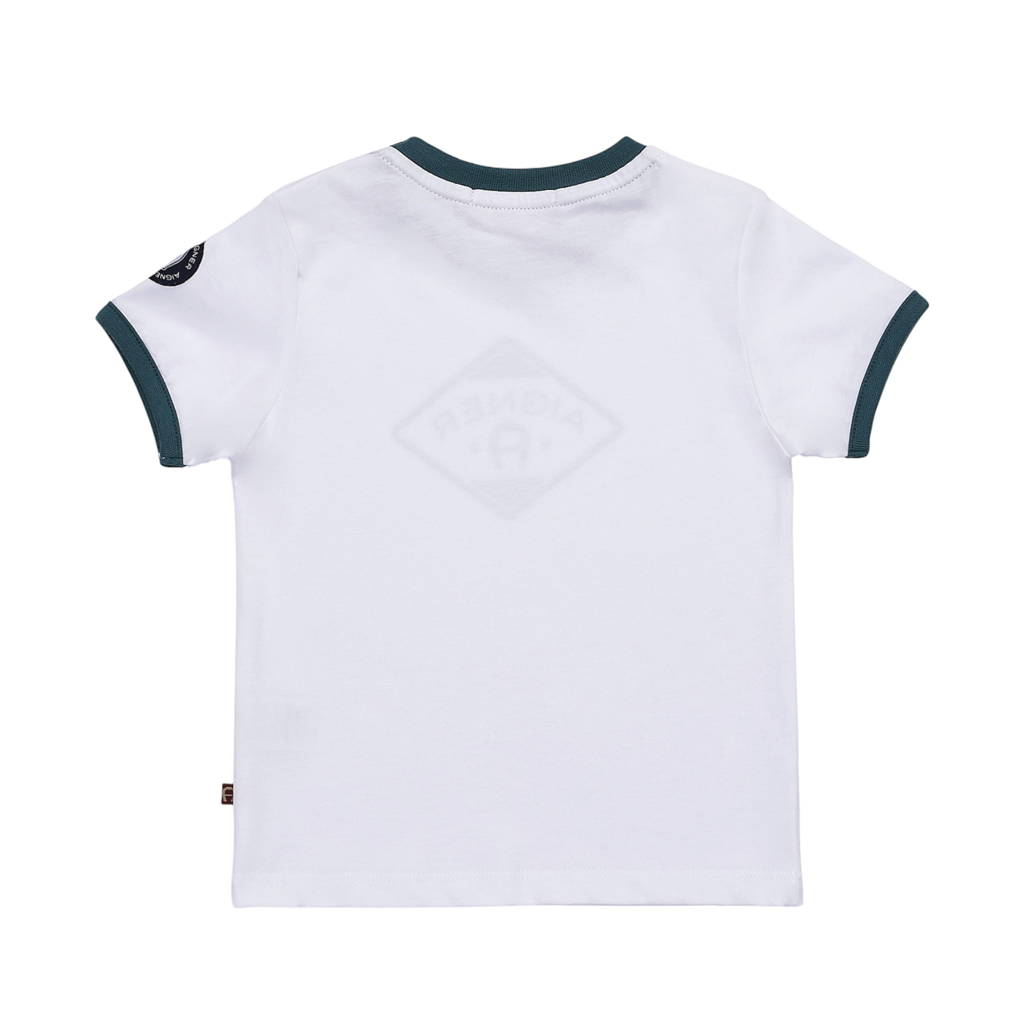 White short-sleeve T-shirt with dark green ribbed collar and sleeve cuffs. Faint, reversed diamond logo on back. Small red ta