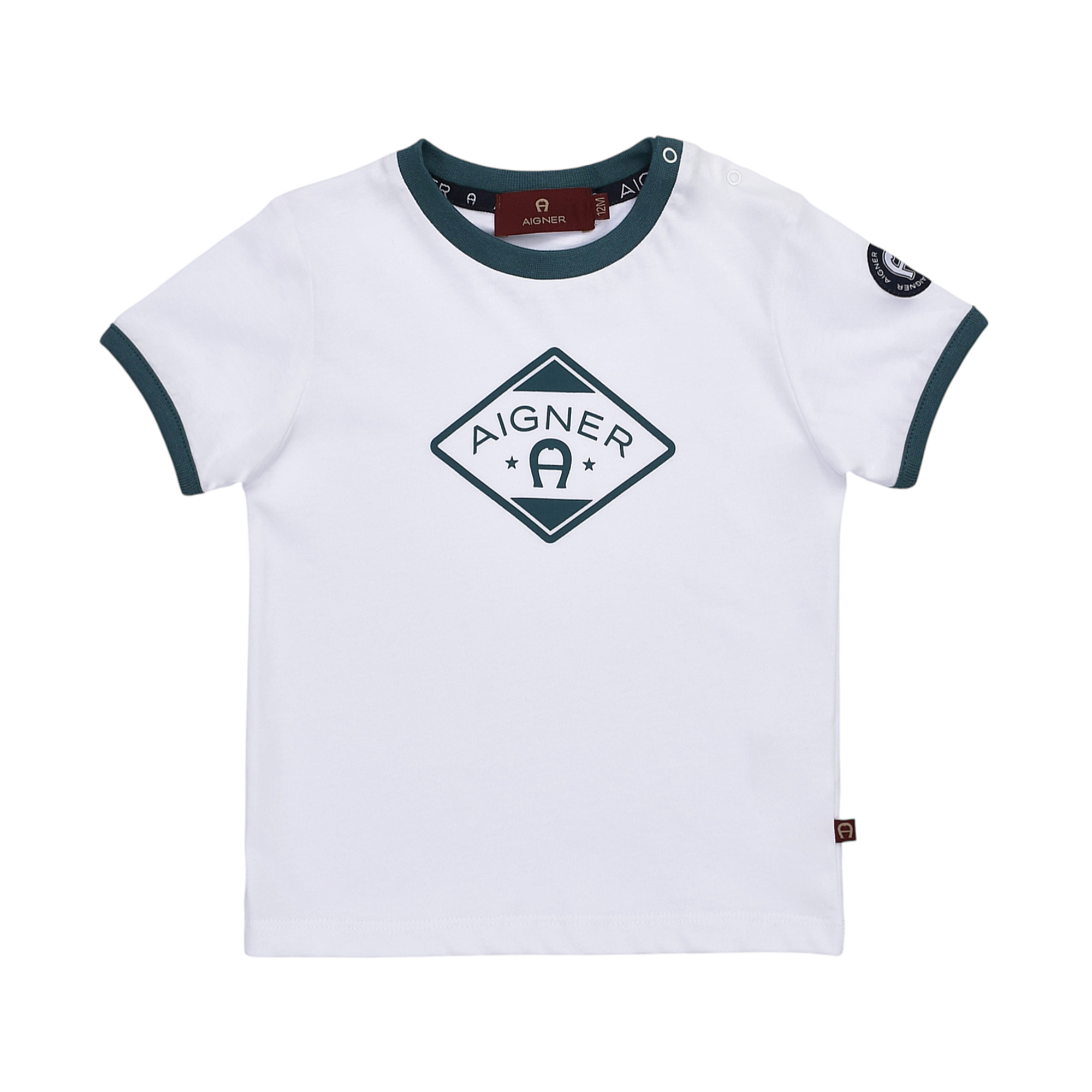 White short-sleeved T-shirt with dark green ribbed crew neck and sleeve cuffs, featuring a dark green diamond logo on the fro