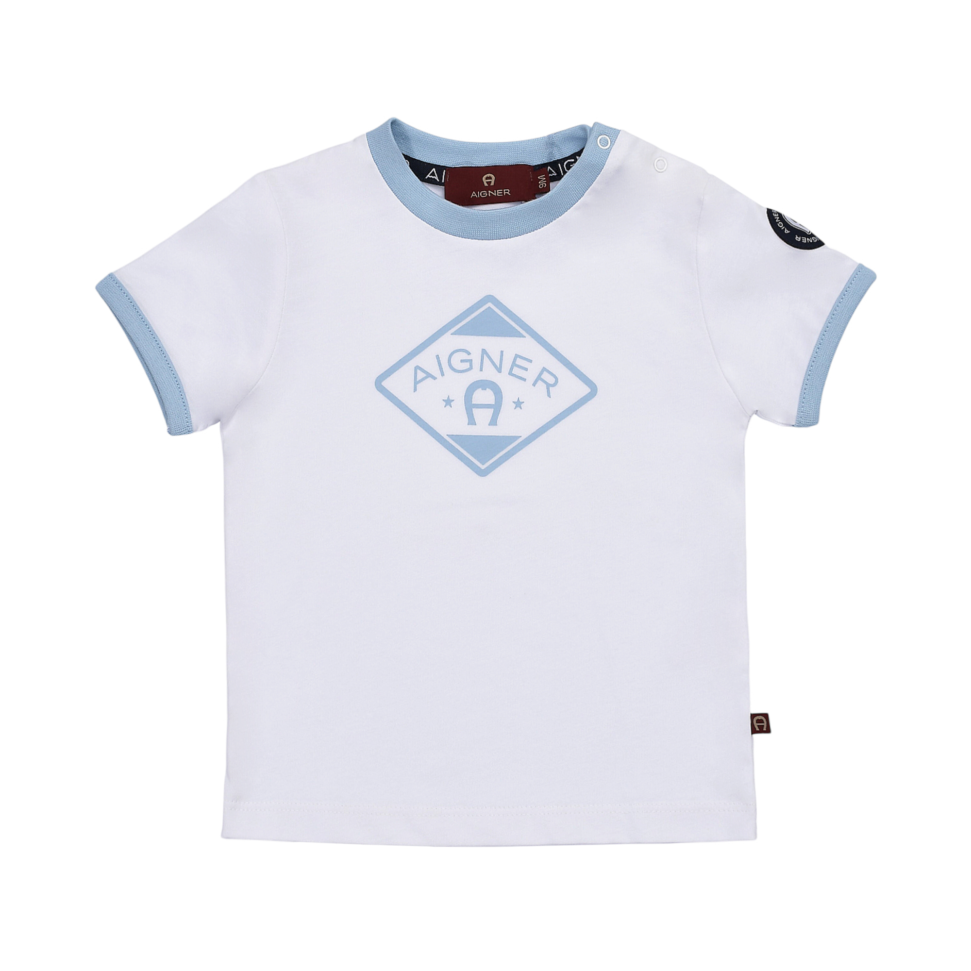 White short-sleeved T-shirt with light blue contrast trim on collar and cuffs, featuring a light blue diamond graphic print o