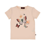 Front view of a peach-colored AIGNER Kids t-shirt featuring a colorful butterfly graphic and the brand logo.