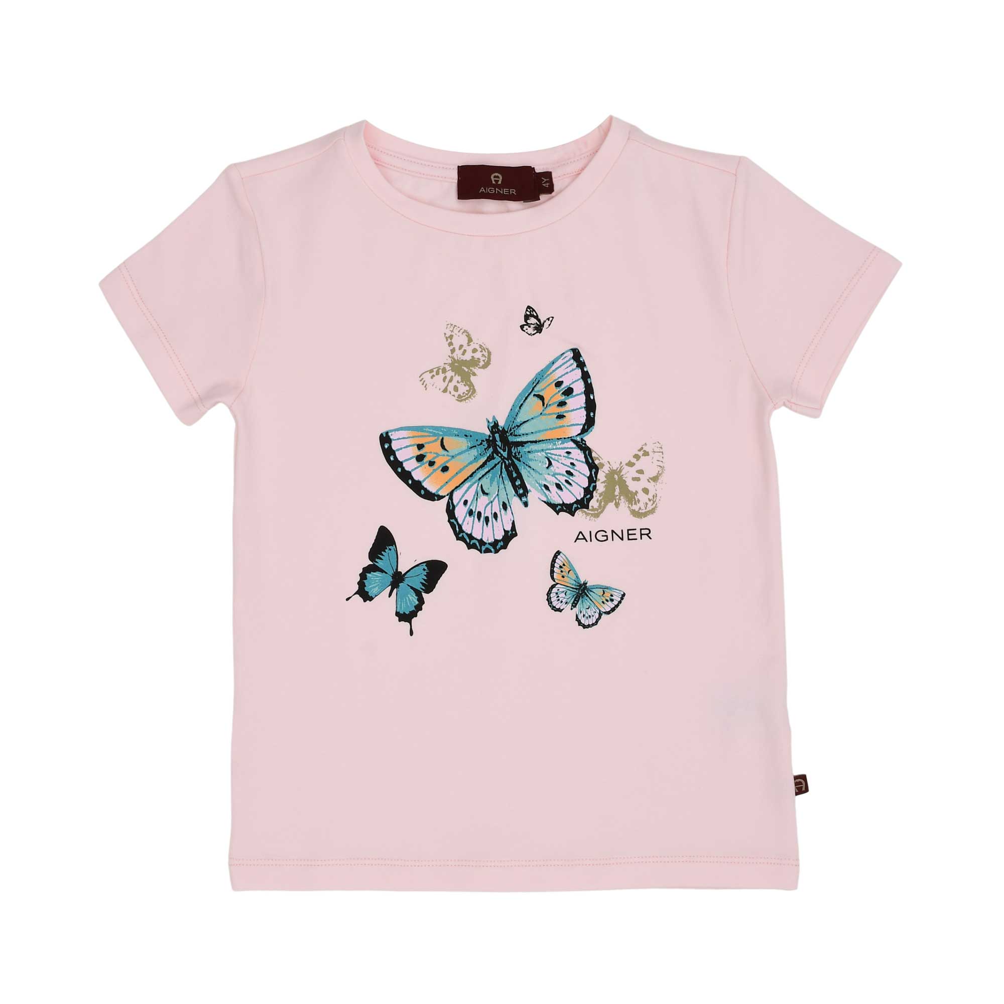 Front view of an off-pink AIGNER Kids t-shirt featuring a colorful butterfly graphic and the brand logo.