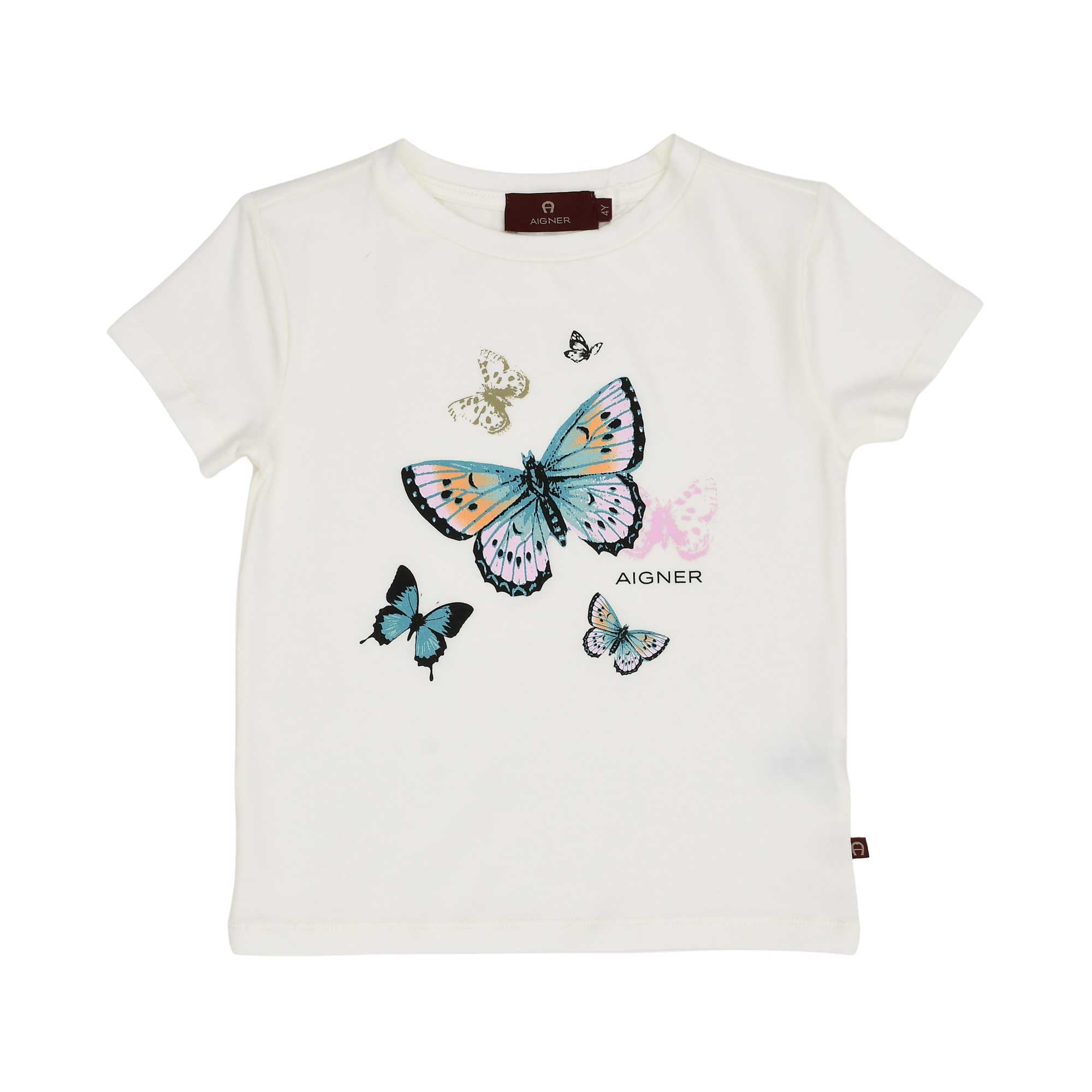 Front view of an off-white AIGNER Kids t-shirt featuring a colorful butterfly graphic and the brand logo.