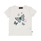 Front view of an off-white AIGNER Kids t-shirt featuring a colorful butterfly graphic and the brand logo.