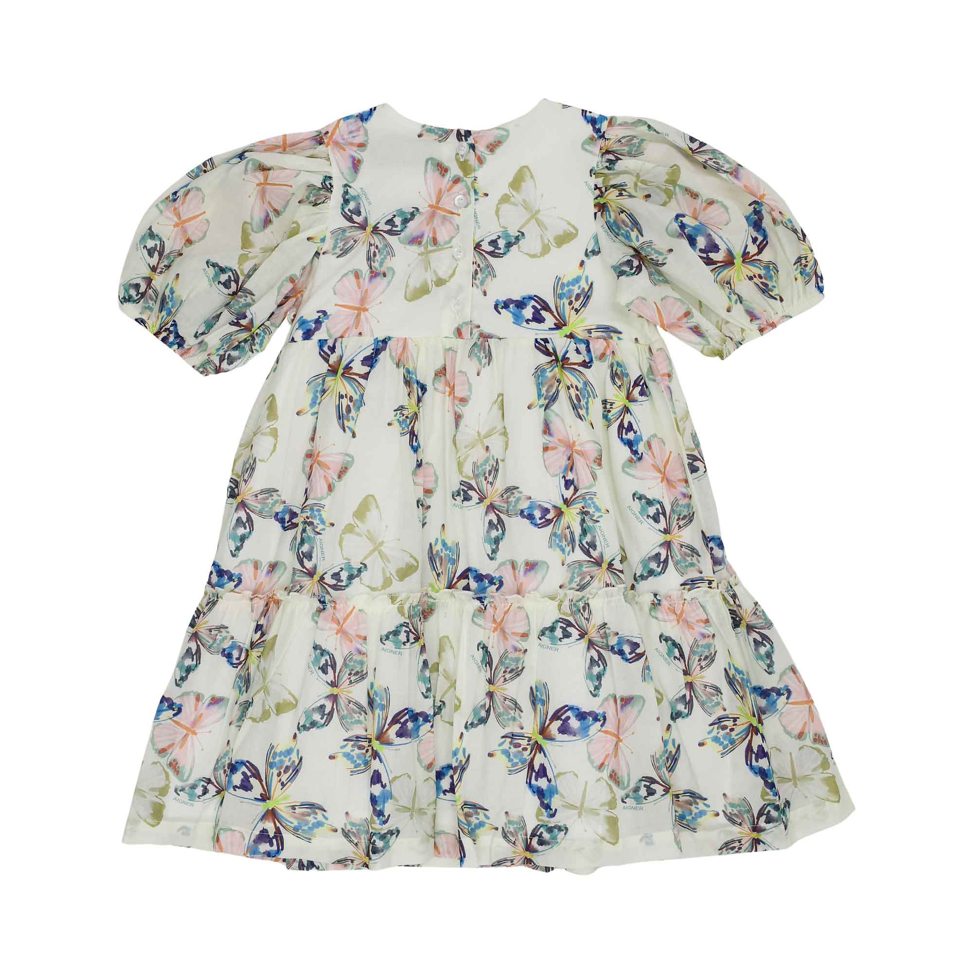 Back view of the AIGNER Kids butterfly print dress, showing the tiered ruffle skirt and the button-up closure at the neckline.