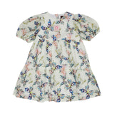 Front view of a white AIGNER Kids chiffon dress featuring a colorful butterfly print, puff sleeves, and a pink logo patch on the chest.