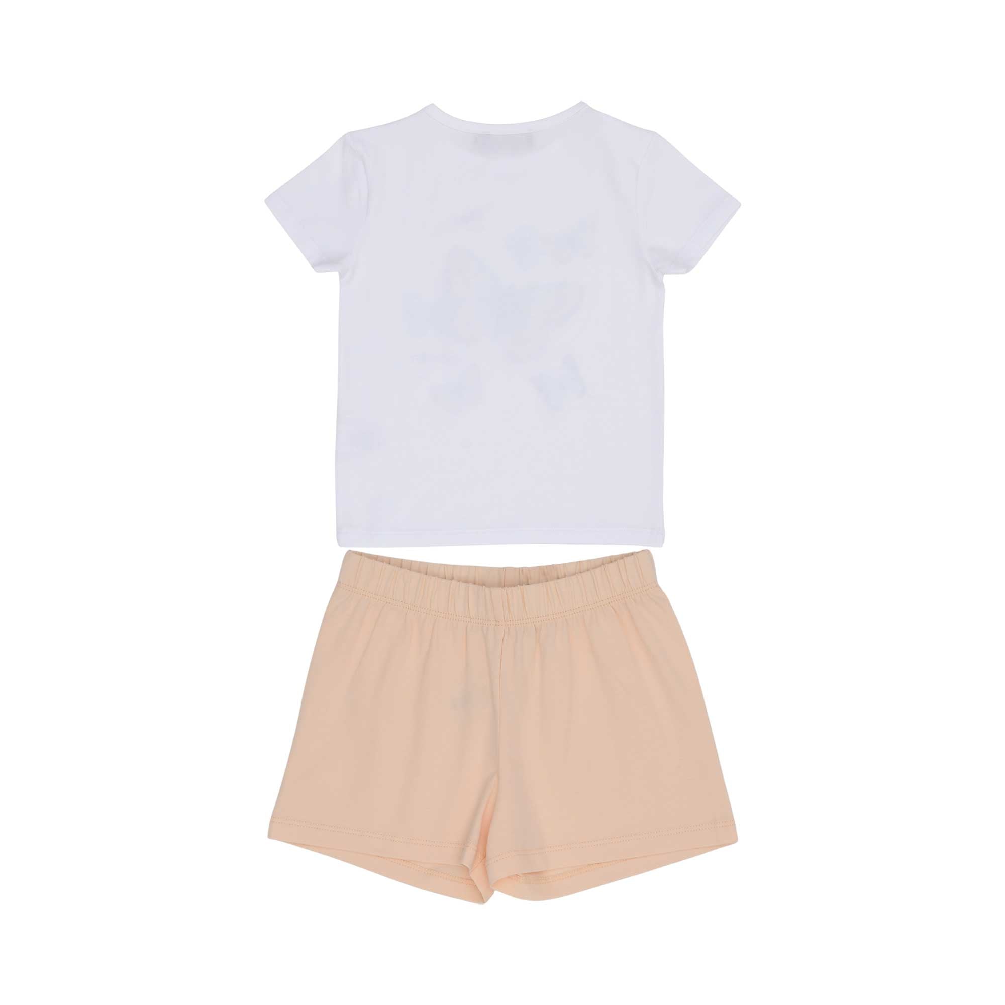 Back view of AIGNER Kids outfit set: A plain white short-sleeved t-shirt and plain peach-colored pull-on shorts with an elasticated waistband.