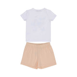 Back view of AIGNER Kids outfit set: A plain white short-sleeved t-shirt and plain peach-colored pull-on shorts with an elasticated waistband.