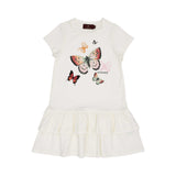 Front view of a white AIGNER Kids t-shirt dress featuring a colorful butterfly print and a two-tiered ruffled skirt.