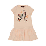 Front view of a CORAL AIGNER Kids t-shirt dress featuring a colorful butterfly print and a two-tiered ruffled skirt.