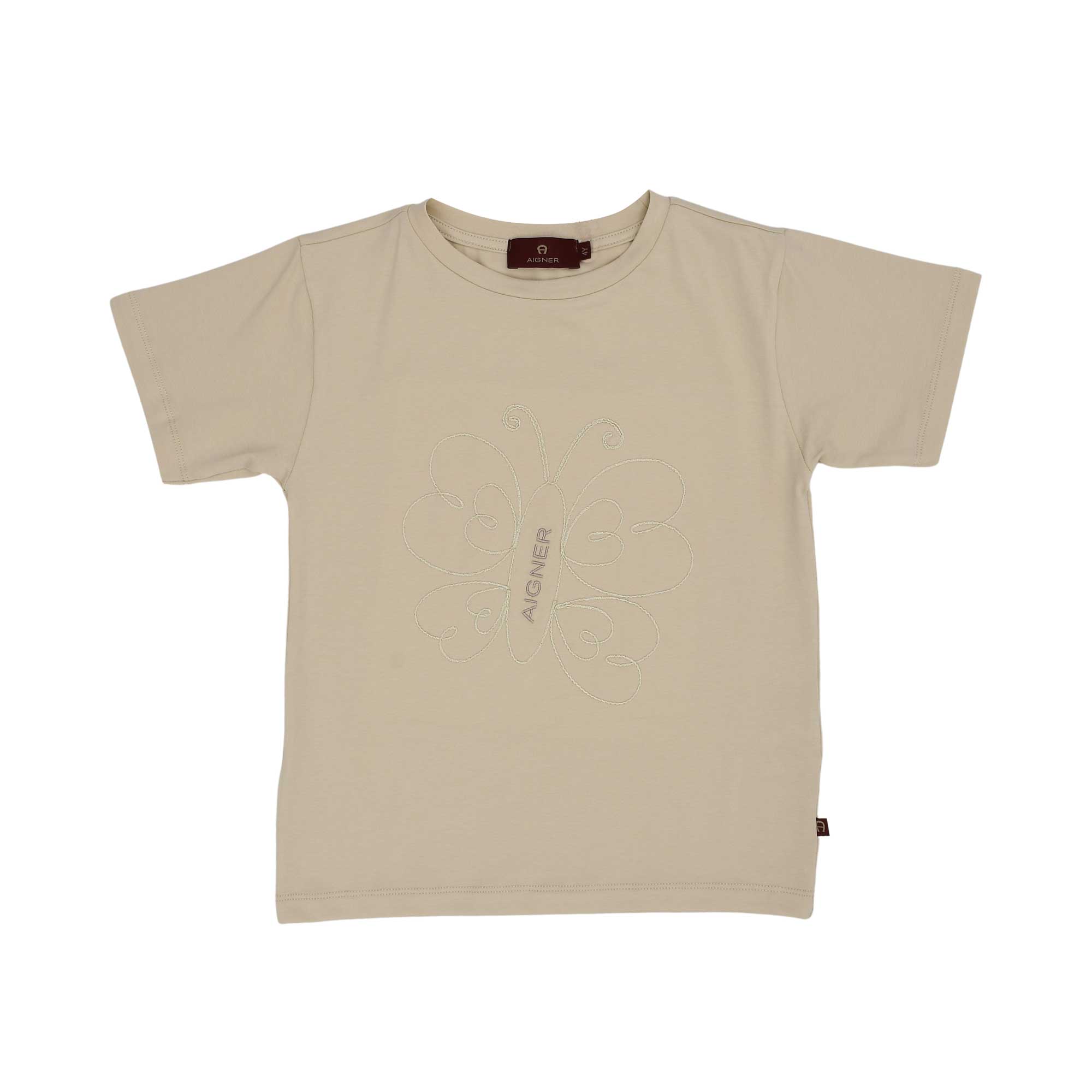 Front view of a beige AIGNER Kids t-shirt featuring a large, tonal embroidered butterfly design and a central logo.