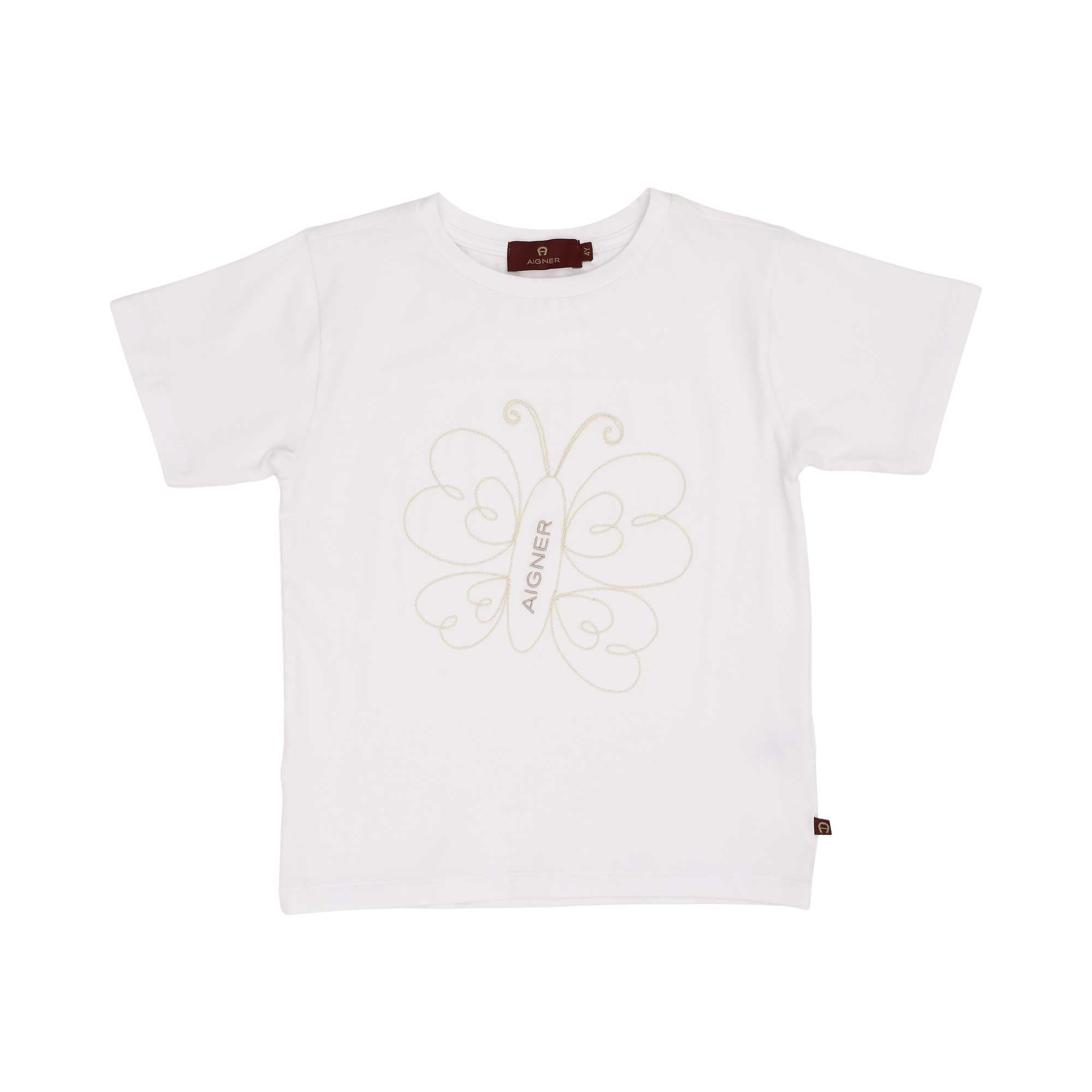 Front view of a white AIGNER Kids t-shirt featuring a large, tonal embroidered butterfly design and a central logo.