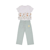 The reverse of the AIGNER Kids set, showing the wraparound floral print on the white t-shirt and the signature yellow logo patch on the sage green trousers.