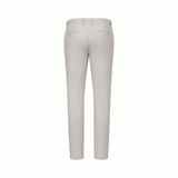 Pale taupe striped pants with belt loops and two buttoned back pockets.