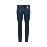 Dark blue slim-fit pants with an elasticated drawstring waist, black and white flecked drawstring with silver-toned aglets.
