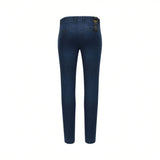 Dark blue slim-fit pants, back view. Features two back pockets, one with a button closure, and belt loops.