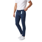 Dark blue slim-fit tapered trousers with a drawstring waistband, side pockets, and cuffed hems.