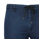 Blue pants with a textured fabric, belt loops, and a black drawstring with white speckles tied in a bow, featuring silver-ton