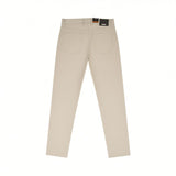 Light beige pants, back view, with two patch pockets, waistband, and belt loops. A black label with orange detail is on the r