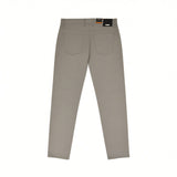 Light taupe pants with a subtle horizontal ribbed texture, featuring a waistband with belt loops and two back patch pockets.