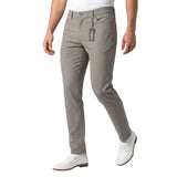 Taupe slim-fit pants with a subtle micro-pattern, flat front, button closure, belt loops, and side slash pockets.