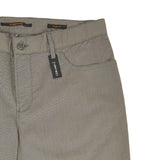 Grey regular fit pants with a subtle striped texture, a dark button with a silver-toned rim, a front pocket, and a Ceramica t
