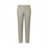 Light olive green flat-front trousers with a gold-toned button closure, zipper fly, belt loops, and an orange tag.