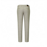 Light olive green trousers with a subtle texture, featuring two back welt pockets with light brown buttons and belt loops.