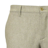 Light heathered green pants with a waistband, a single belt loop, and a light brown button closure.