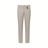 Light beige pants with a smooth texture, front button closure, belt loops, and two front slash pockets.