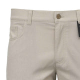 Light beige pants with a subtle textured weave, featuring a gold-toned button closure, belt loops, and a curved front pocket
