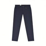 Navy blue pants with a subtle textured fabric, front button and zipper closure, and two front pockets.