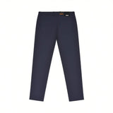 Dark blue pants, back view, with a subtle textured weave. Features two stitched back pockets, belt loops, and a black label o
