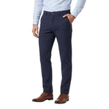 Dark blue tailored pants with a subtle textured weave, belt loops, a front button closure, and a straight-leg style.