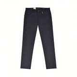 Navy straight-leg pants with a subtle textured weave, front slash pockets, button closure, and belt loops.