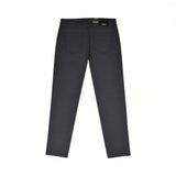 Navy pants with a subtle textured fabric, two patch back pockets, and belt loops.