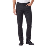Navy slim-fit men's trousers with a subtle micro-dot texture, front slash pockets, and button-zip closure.