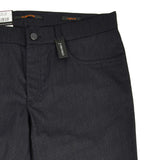 Dark navy blue regular fit pants with a subtle textured weave, a dark button closure, and a curved front pocket.