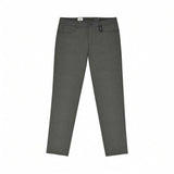 Dark heather grey flat-front pants with front slash pockets, a coin pocket, button and zip closure, and belt loops.