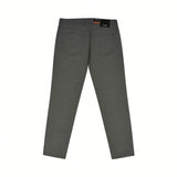 Dark grey woven straight-leg pants with two back patch pockets and belt loops.