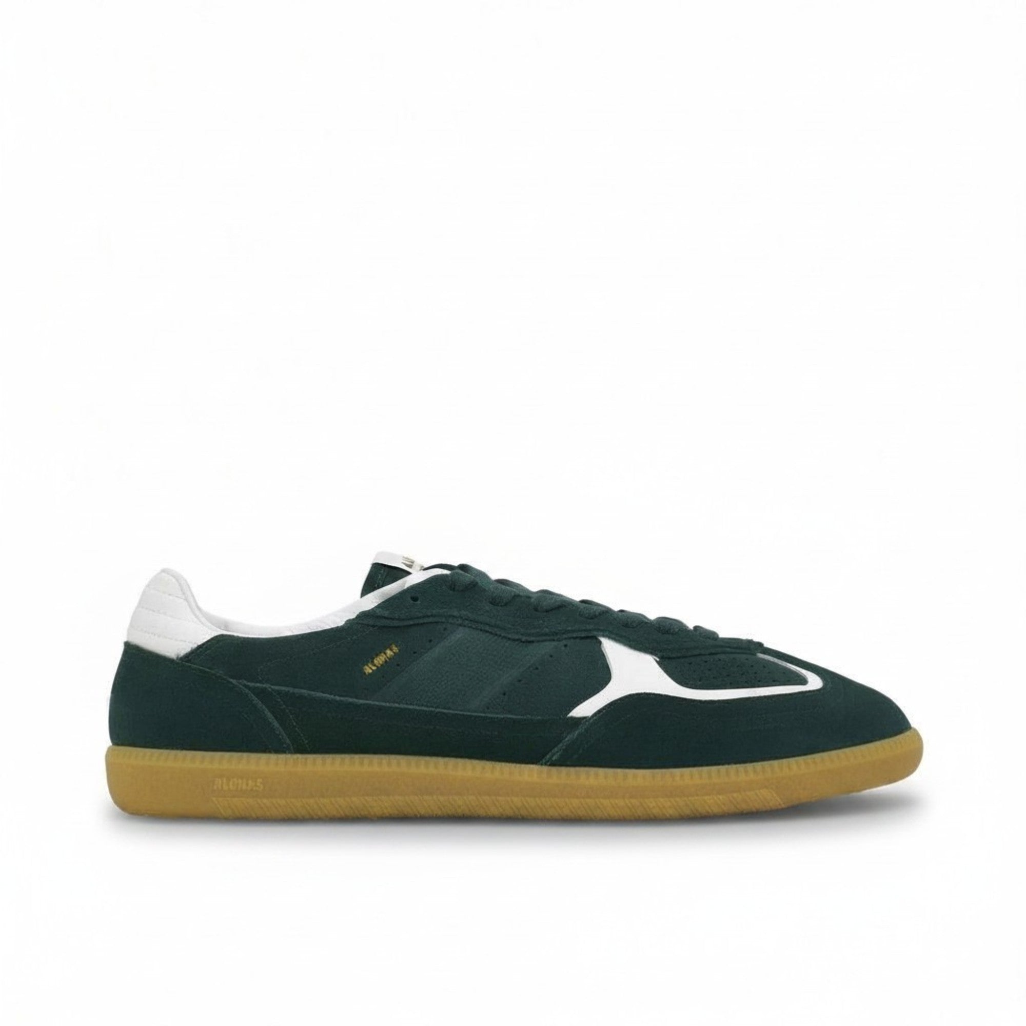 Side profile view of a single ALOHAS low-top sneaker in forest green suede with white leather accents, gold branding, and a gum rubber sole on a white background.