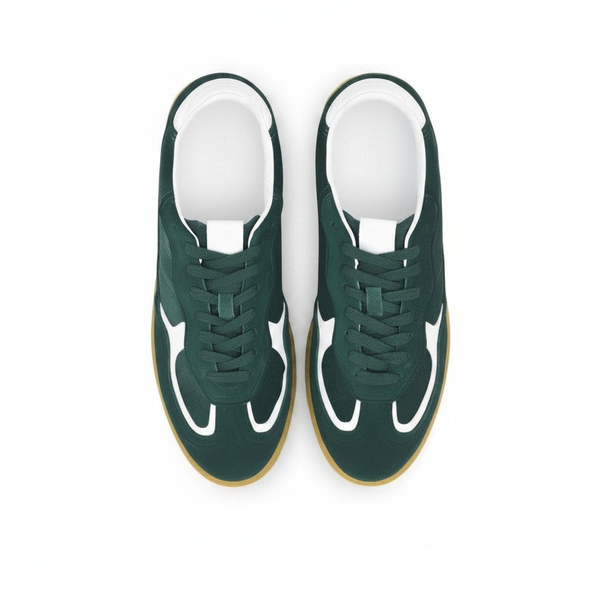 Top-down bird's-eye view of a pair of forest green ALOHAS sneakers with tonal laces and clean white insoles.