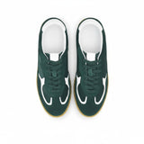 Top-down bird's-eye view of a pair of forest green ALOHAS sneakers with tonal laces and clean white insoles.