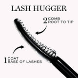 Black, curved mascara brush with short, spiky bristles, coated in a clear, glossy product.