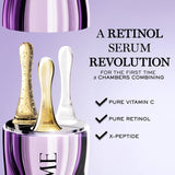 Purple-toned serum bottle with three internal chambers: one bubbly gold-toned, one smooth gold-toned, and one clear liquid.