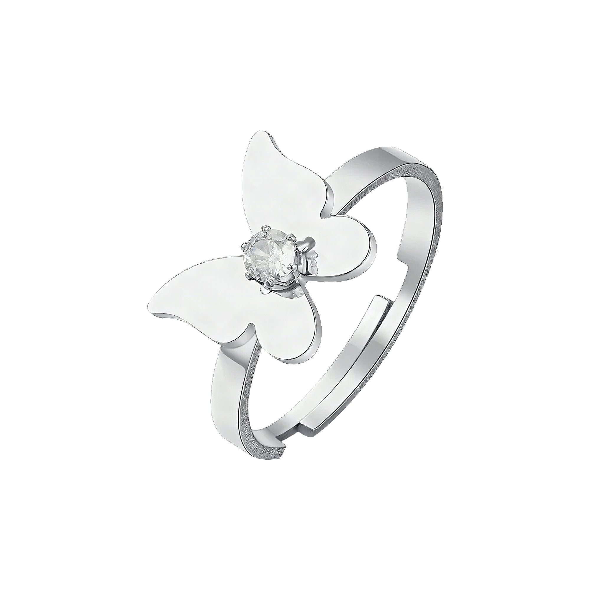 Silver-toned adjustable ring with a butterfly design featuring a clear round zircon stone in the center.