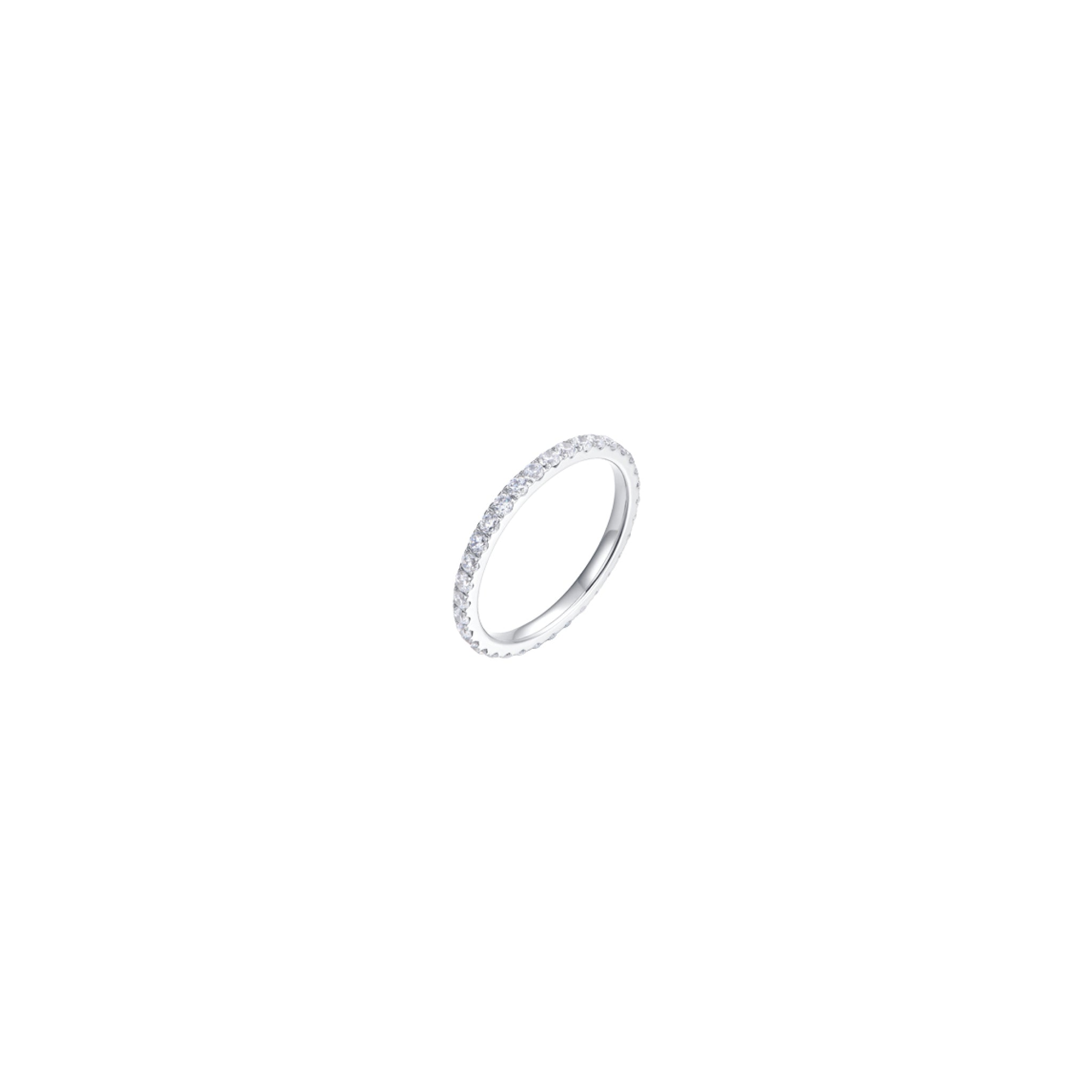 Thin, silver-toned steel ring with small, round white crystals set along the visible outer side of the band.